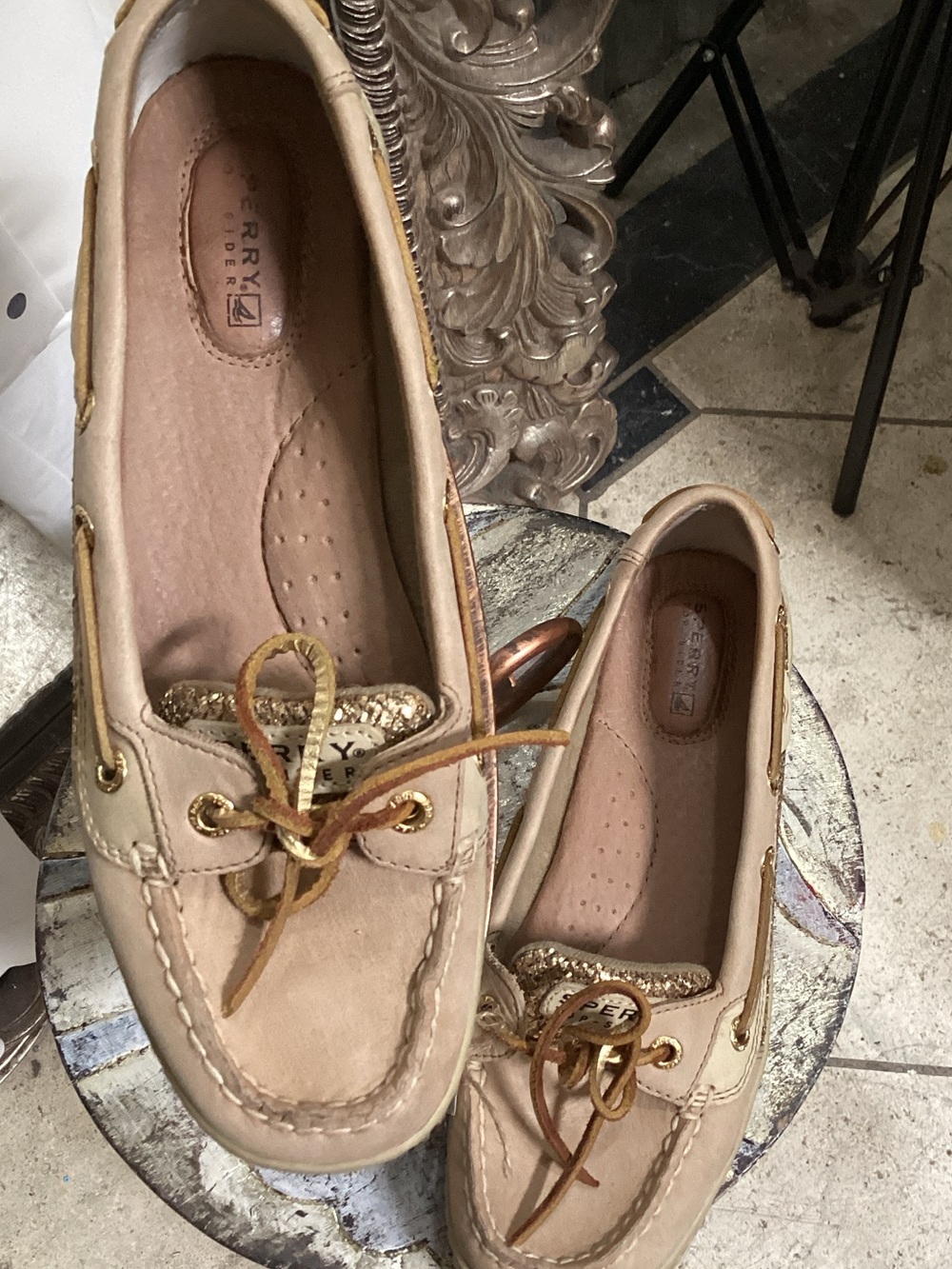 Sperry Women's Tan Leather Moccasins with Gold Trim americas cup